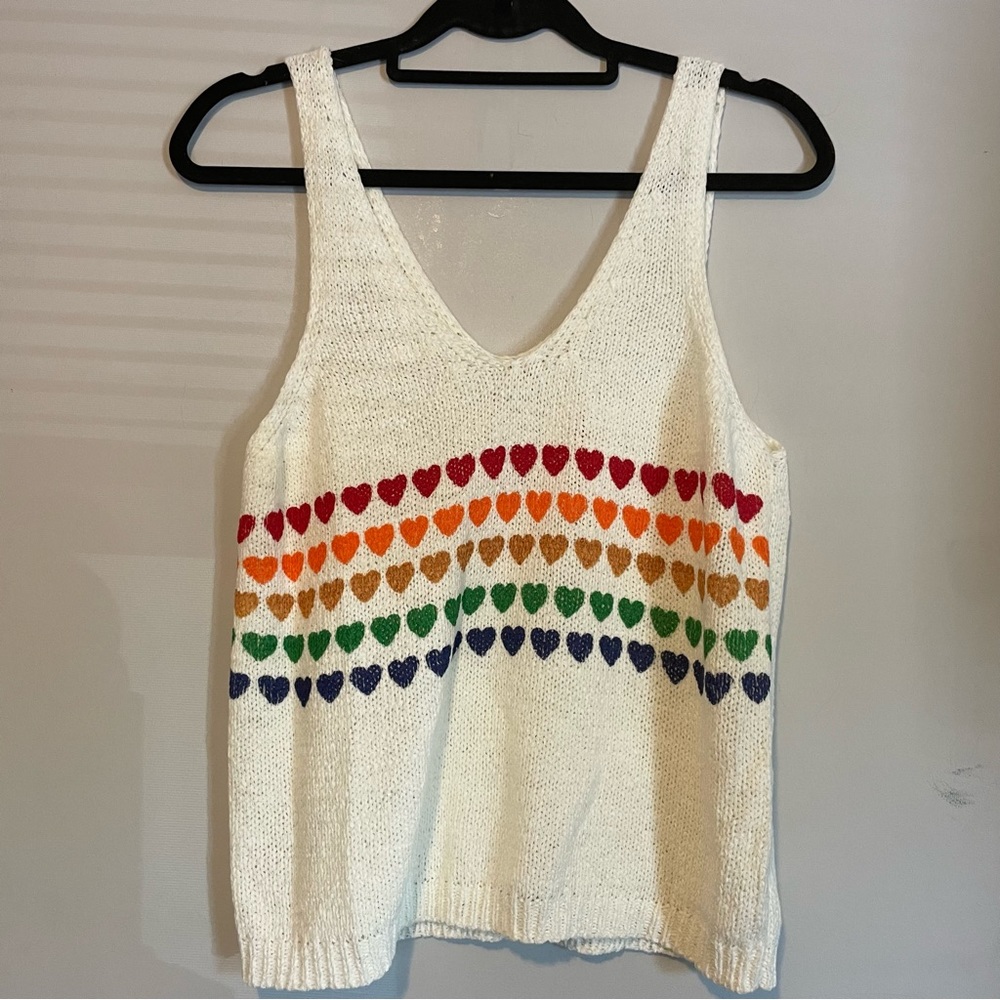 moon & madison Cream Knit Tank with Rainbow Heart Stripes